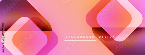 Abstract background features overlapping rounded squares. Gradient colors blend from purple, pink, orange hues. Minimalist design with text overlay.