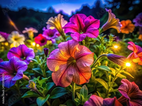 Low Light Petunia Bloom Photography: Vibrant Garden Flowers at Night