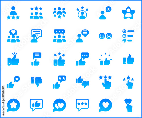 Review And feedback Icon Set. Vector collection of customer, rating, star rating, chat, testimonials, survey, support, communication, sign and element symbols or logo element.