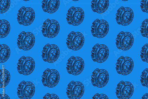 disc break on break caliper engraving line art seamless pattern on blue background. retro breaking system hatching pattern wallpaper for sport, automotive, garage, spare part, industry
