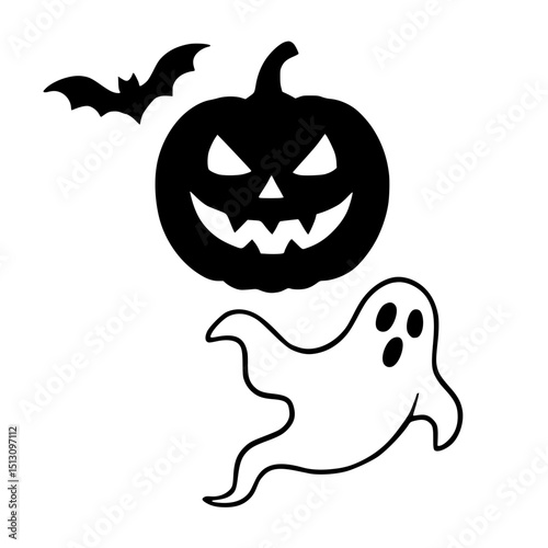 Halloween pumpkin and ghost with bat silhouette in black and white  