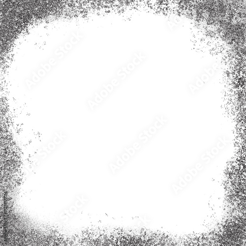 Grunge frame with grainy torn border on white background. Brushed rough textured fade. Old sandy noisy vector halftone square template. Abstract stipple dust paper