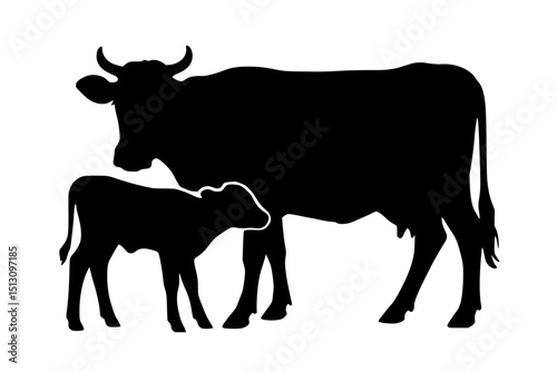 Silhouette of a cow and calf standing together in profile  