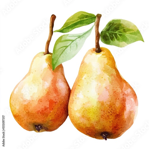 Watercolor Illustration Of Two Ripe Pears With Leaves
