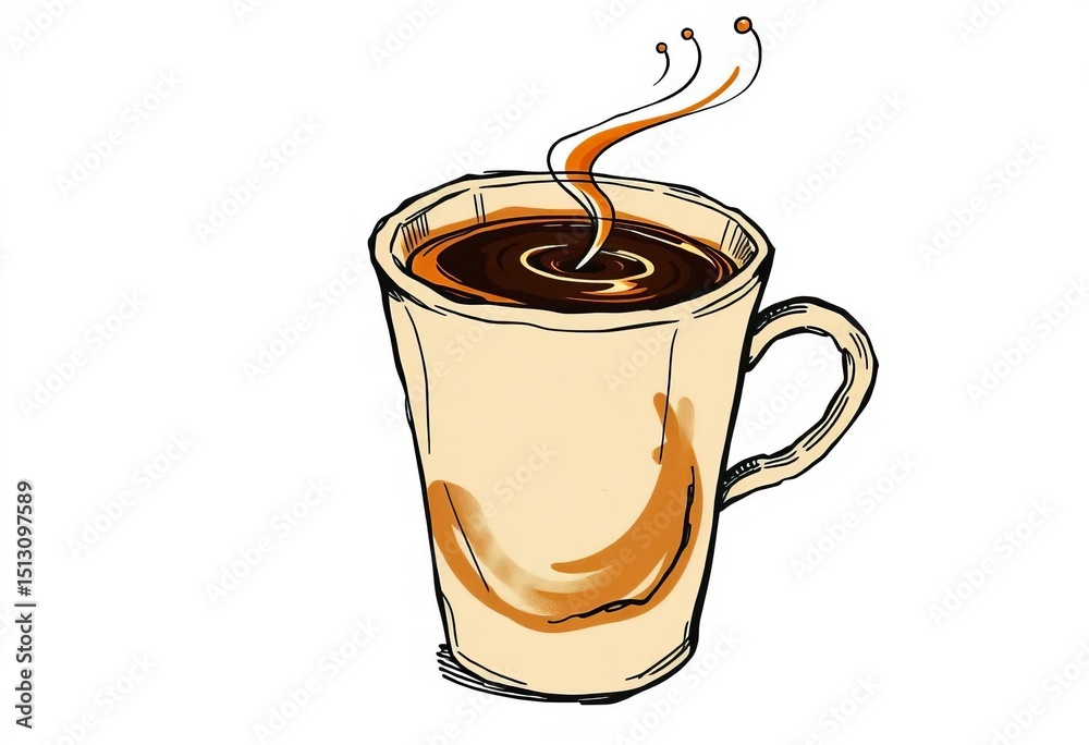 Obraz premium Vintage paper coffee cup, hand-drawn doodle sketch, coffee stain, swirling steam, element, symbol