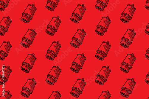 auto muffler engraving line art seamless pattern on red background. retro sportive exhaust pipe hatching pattern wallpaper for sport, automotive, garage, spare part, industry merchandise