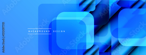 Abstract blue design features overlapping squares, gradients, light effects. Modern aesthetic suitable for digital backgrounds, banners.