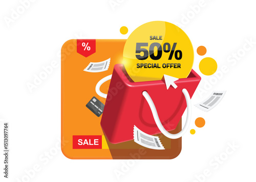 Yellow circular promotion sign or tag label with text special offer sale 50% placed in red shopping bag with receipt papers floating in the air around it, vector 3d for banner advertising design