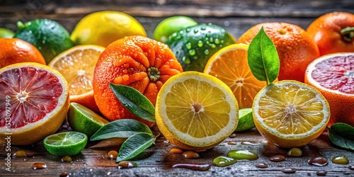 Macro Citrus Photography: Rustic Table, Juicy Oranges, Lemons, Limes, Grapefruit Close-up