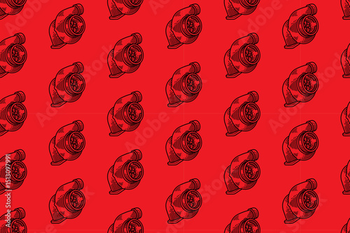 auto turbo charger engraving line art seamless pattern on red background. retro booster system hatching pattern wallpaper for sport, automotive, garage, spare part, industry merchandise