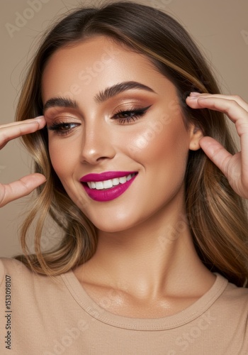 Portrait of a Smiling Woman with Glitter Makeup and Long Hair