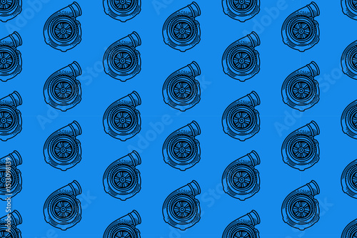 car turbo charger engraving line art seamless pattern on blue background. retro auto booster system hatching pattern wallpaper for sport, automotive, garage, spare part, industry merchandise