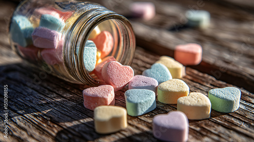 a glass jar with heart shaped multicolored sweets