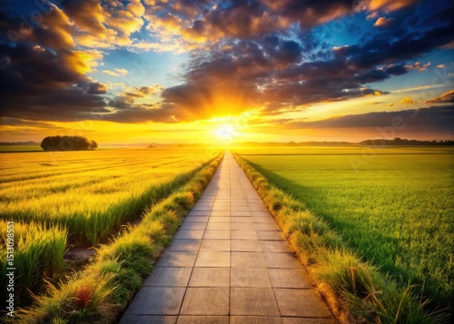 Paved Path Through Farmland: Rural Road, Agricultural Fields, Countryside Scenery, Asphalt Lane