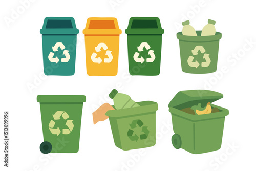 Collection of colorful recycling bins with waste, symbols, and various sorting containers in flat vector style.