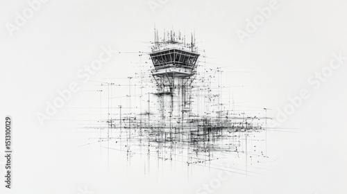 Design of a futuristic air traffic control tower in a minimalist style showcasing intricate geometric patterns and lines
