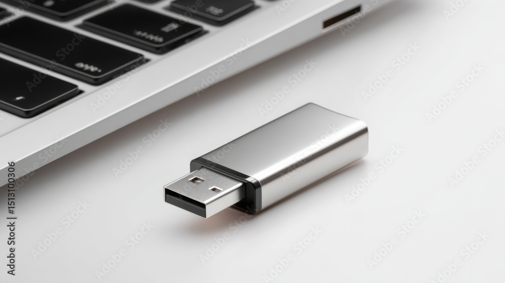 Fototapeta premium A metallic USB flash drive resting beside a laptop keyboard, highlighting data storage and technology