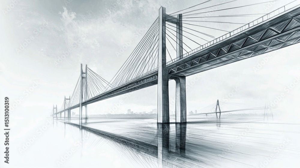 Naklejka premium Modern cable-stayed bridge spans a serene river landscape with reflections during early morning light