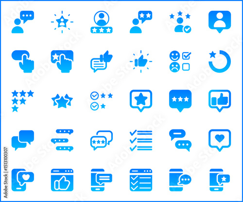 Review And feedback Icon Set. Vector collection of customer, rating, star rating, chat, testimonials, survey, support, communication, sign and element symbols or logo element.