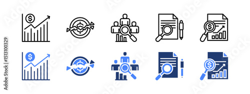 Market analysis icon set with Market Growth, Disruption, Competitive Analysis, Research, Sales Report.