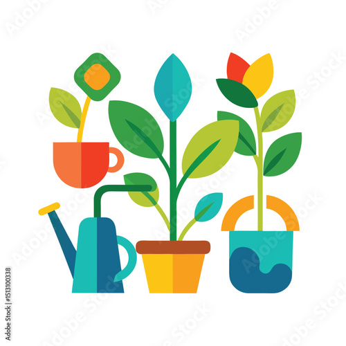 Colorful abstract illustration of potted plants and gardening equipment with clean geometric design