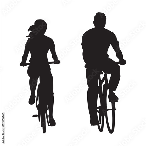 Black Silhouette Male and Female Cyclists Riding Bicycles

