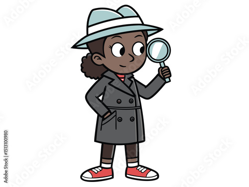 Girl Detective Investigating with Magnifying Glass Vector Illustration
