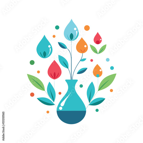 Colorful waterdrop flowers and leaves growing in a vase representing nature and eco friendly concepts in a modern flat illustration
