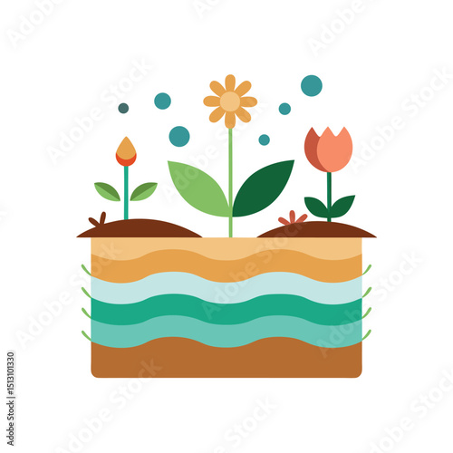 Illustrated depiction of plants growing in a layered soil environment showcasing botanical elements in a modern minimalist design.