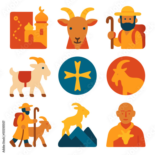 Eid alAdha goat icons represent pilgrimage and sacrifice. Suitable for religious or cultural design elements, social media, and educational materials.
