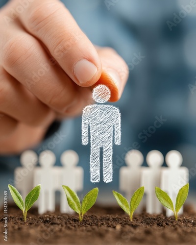 A hand selects a chalk-drawn person figure among others, above soil with young green plants growing.