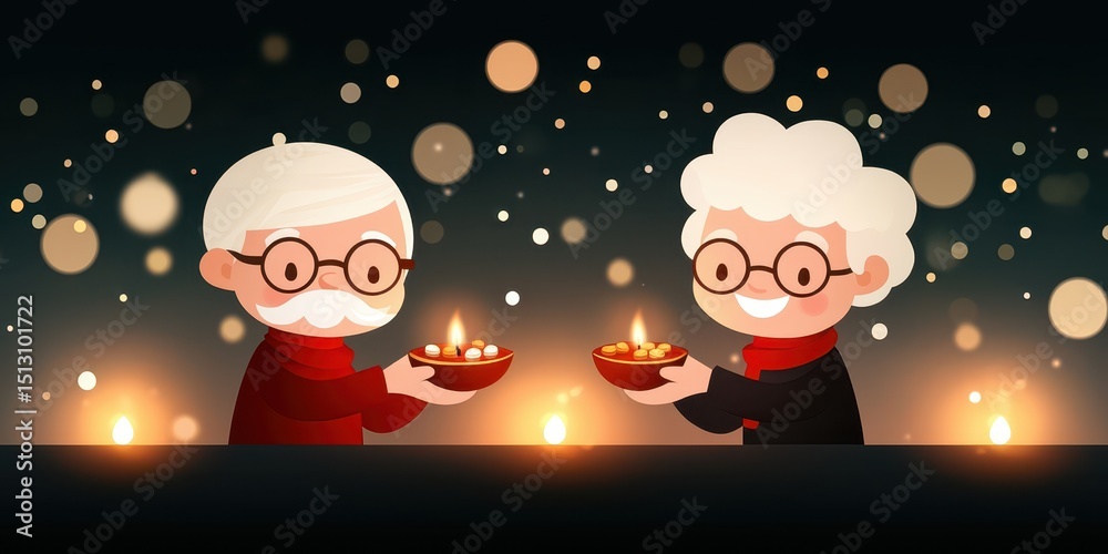 Naklejka premium Two elderly cartoon characters holding oil lamps together, surrounded by glowing lights and festive ambiance.