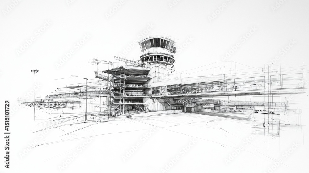 Obraz premium Architectural blueprint of a modern airport terminal showcasing innovative design and complex structures with clear lines and precise details