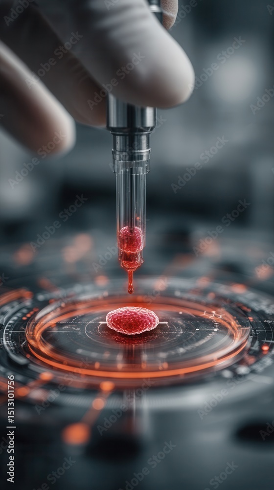 Obraz premium A gloved hand uses a dropper to place a red liquid onto a futuristic, high-tech surface with digital elements.