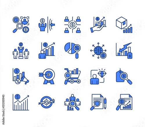 Market research icon collection set. Containing segmentation, trends, penetration, buyer personas, data, sales, analysis icon. Simple line vector.