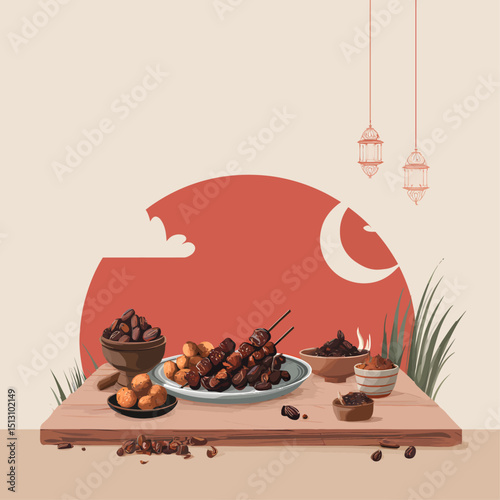 A minimalist table with grilled meat, dates, and traditional dishes, flat icons, bold red and brown colors.