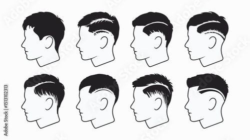 Black and white illustrated collection of diverse modern male haircuts showcasing different contemporary hairstyles in profile.