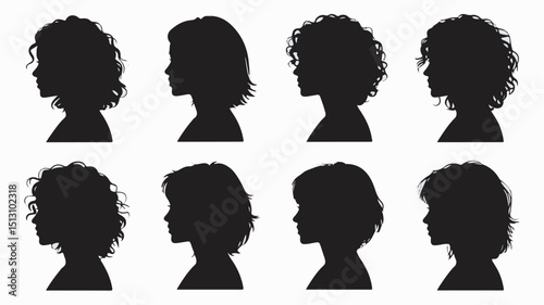 Collection of black silhouette side profiles depicting various hairstyles and haircuts for women on a white background