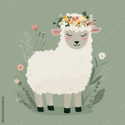 A cute sheep with floral garland around its neck, flat pastel colors, isolated on soft green background
