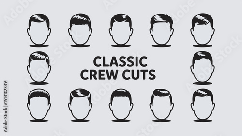 A vector illustration featuring various hairstyles demonstrating popular classic crew cuts in a clean and stylish design