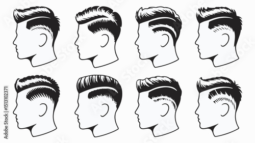 Collection of stylish and modern haircut designs featuring various men's hairstyle options displayed in side profile illustrations
