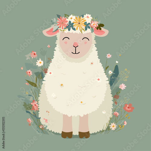 A cute sheep with floral garland around its neck, flat pastel colors, isolated on soft green background