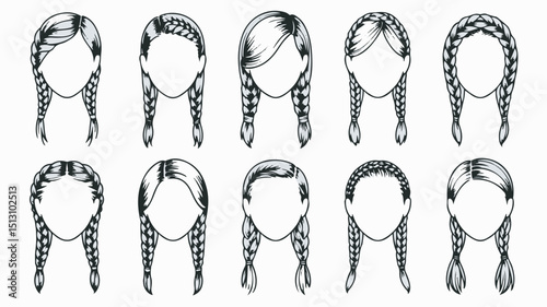 Hand drawn collection of various different braided hairstyle illustrations perfect for fashion designs and salon promotions