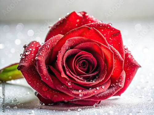 Red Rose Dew Drops White Background Fashion Photography - Elegant Floral Still Life Image