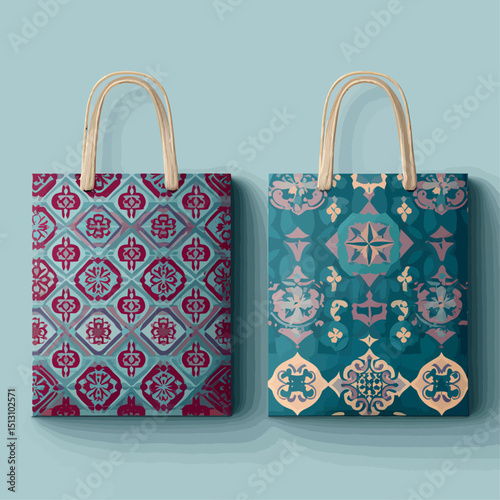 Flat-design reusable bags, geometric patterns, teal and maroon colors, eco-friendly theme