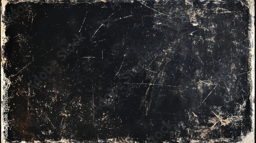Scratched film overlay with black grunge background. Old noise texture with text space. Vintage distressed grain surface for design use.