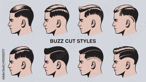 Illustrated collection of modern buzz cut hairstyle variations with professional man profile illustrations and haircut examples
