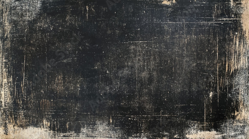 Black grunge film effect with scratched surface. Vintage textured overlay background. Space left for text or elements in distressed design.