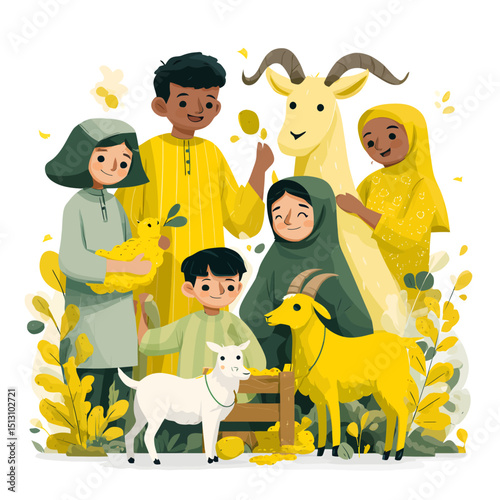 Children feeding sheep and goats, flat playful style, bright yellow and green, symbolic of Eid care for animals.