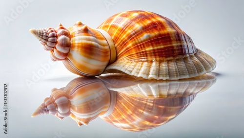 Seashell Reflection, White Background, Rule of Thirds Photography, Coastal Still Life, Monochromatic Seashell Image